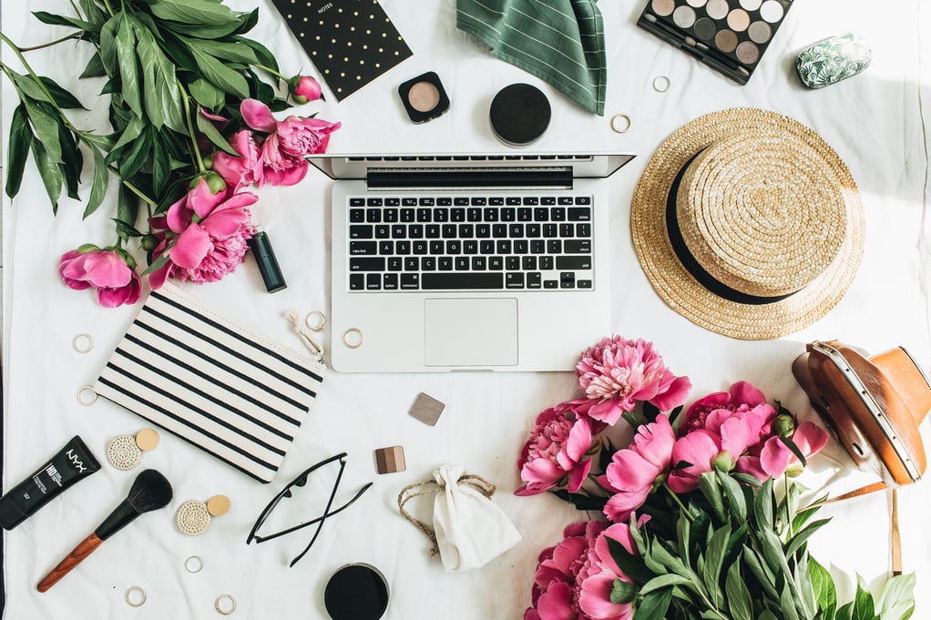 Top view women fashion office desk workspace 